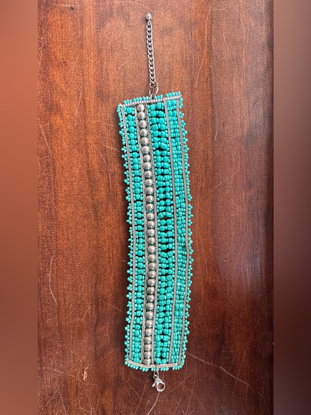 Turquoise Beaded Wide Cuff Bracelet with Silver Accents Boho Statement Piece